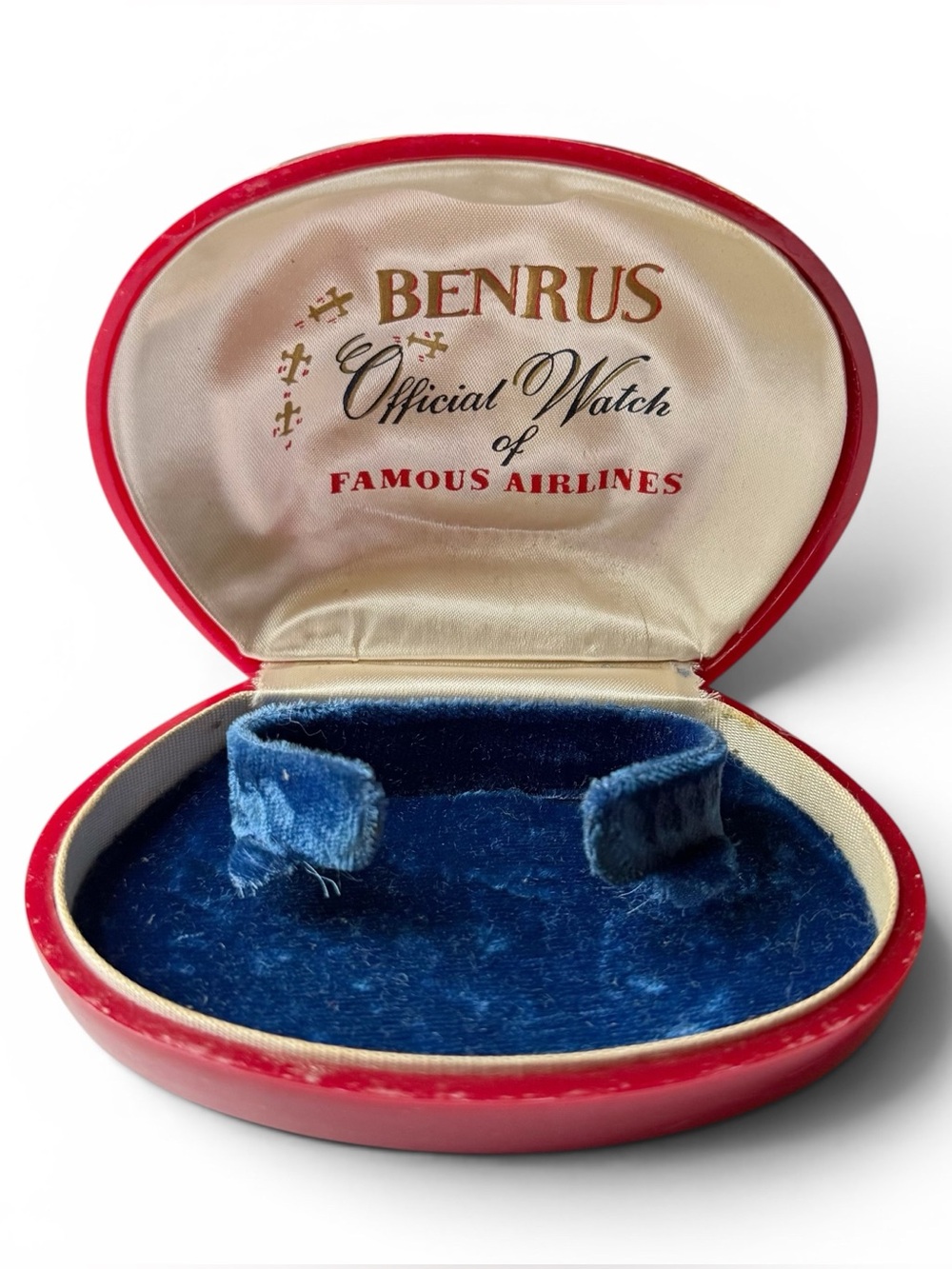 Vintage Benrus Watch Hinged Presentation Display Box Blue Velvet Red Plastic